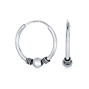 Bali Ball Bead Continuous Round Hoop Earrings 925 Sterling Silver