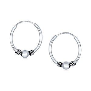 Bali Ball Bead Continuous Round Hoop Earrings 925 Sterling Silver