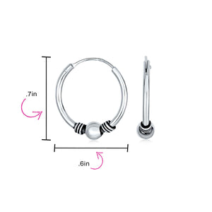 Bali Ball Bead Continuous Round Hoop Earrings 925 Sterling Silver