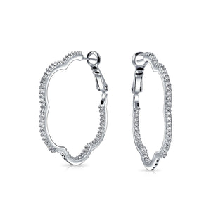 Flower Clover Pave CZ Cubic Zirconia Hoop Earrings Silver Plated