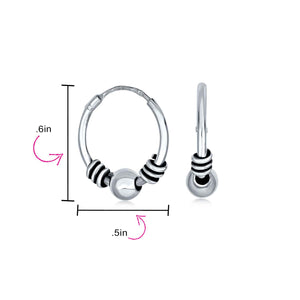 Bali Ball Bead Continuous Round Hoop Earrings 925 Sterling Silver