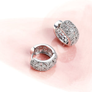 Victorian Style Filigree Flower CZ Hoop Earrings Silver Tone