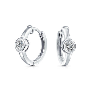 Solitaire Bezel Kpop Hoop Earrings Silver Plated Sterling Silver - Joyeria Lady