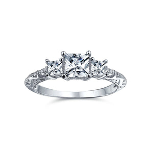 Filigree 3CT Solitaire 3 Stone CZ Engagement Ring 925 Sterling Silver