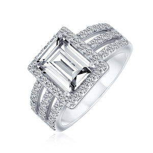 Art Deco 3CT AAA CZ Emerald Cut Halo Engagement Ring Sterling Silver