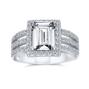 Art Deco 3CT AAA CZ Emerald Cut Halo Engagement Ring Sterling Silver