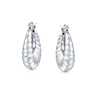 Scalloped Ribbed Lightweight Oval Tube Hoop Earrings Sterling Silver