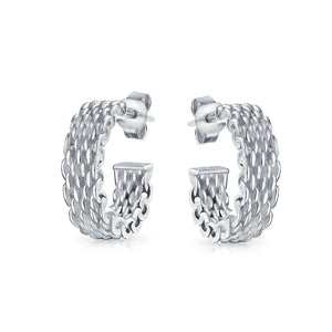 Mesh Twisted Rope Cable Braided Hoop Stud Earrings Sterling Silver - Joyeria Lady