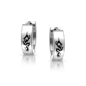 Dragon Hoop Earrings Laser Silver Tone Stainless Steel