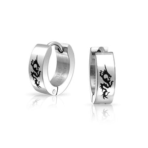 Dragon Hoop Earrings Laser Silver Tone Stainless Steel
