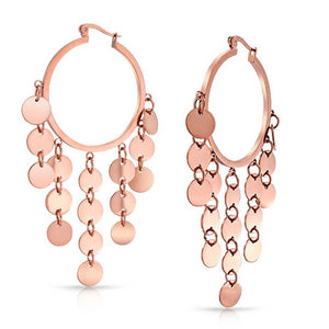 Sequin Coin Chandelier Hoop Earrings Rose Gold Tone Stainless Steel