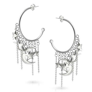 Trendy Moon Stars Dangling Charm Crescent Large Hoop Stud Earrings