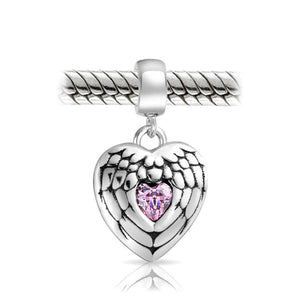 Angel Wing Feather Heart Dangle Charm Bead 925 Sterling Silver