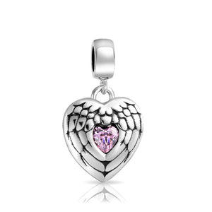 Angel Wing Feather Heart Dangle Charm Bead 925 Sterling Silver
