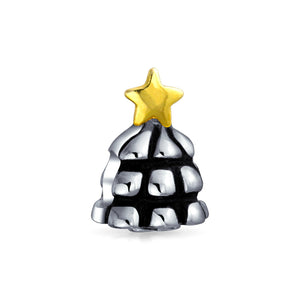Tree Festive Star Charm Bead 2 Tone Gold Plated Sterling Silver