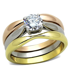 TK1278 - Three Tone IP(IP Gold & IP Rose Gold & High Polished) Stainless Steel Ring with AAA Grade CZ  in Clear - Joyeria Lady