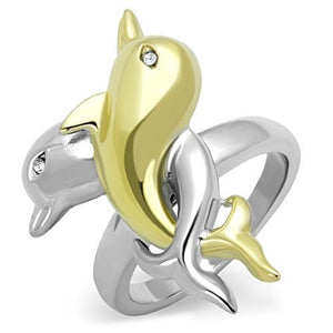 TK1698 - Two-Tone IP Gold (Ion Plating) Stainless Steel Ring with Top Grade Crystal  in Clear - Joyeria Lady