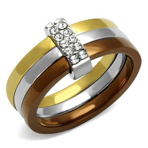 TK2600 - Three Tone IP(IP Gold & IP Light coffee & High Polished) Stainless Steel Ring with Top Grade Crystal  in Clear - Joyeria Lady