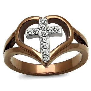 TK2802 - Two Tone IP Light Brown (IP Light coffee) Stainless Steel Ring with Top Grade Crystal  in Clear - Joyeria Lady