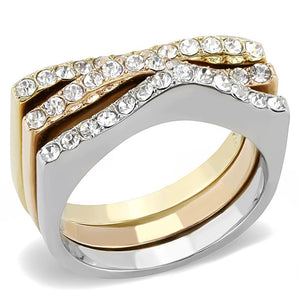 TK3234 - Three Tone IP(IP Gold & IP Rose Gold & High Polished) Stainless Steel Ring with Top Grade Crystal  in Clear - Joyeria Lady