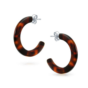 Brown Acrylic Tortoise Shell Flat Hoop Stud Earrings Stainless Steel