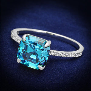 TS178 - Rhodium 925 Sterling Silver Ring with Cubic  in Sea Blue - Joyeria Lady