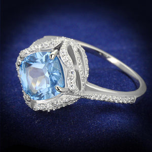TS419 - Rhodium 925 Sterling Silver Ring with Synthetic Spinel in Sea Blue - Joyeria Lady