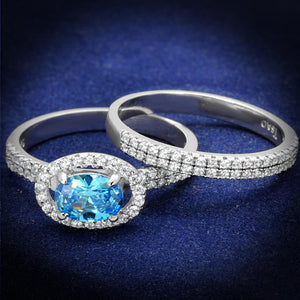 TS490 - Rhodium 925 Sterling Silver Ring with AAA Grade CZ  in Sea Blue - Joyeria Lady