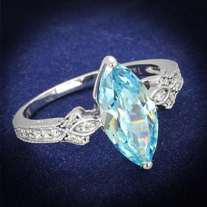 TS502 - Rhodium 925 Sterling Silver Ring with AAA Grade CZ  in Sea Blue - Joyeria Lady