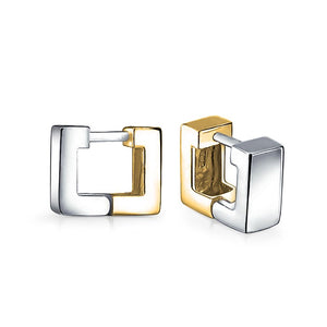 Geometric Two Tone Square Huggie Hoop Kpop Earrings For Women Men