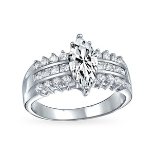 2CT 3 Row Sterling Silver AAA CZ Solitaire Marquise Engagement Ring - Joyeria Lady