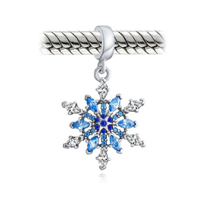 Winter Snowflake Blue CZ Dangle Bead Charm 925 Sterling Silver