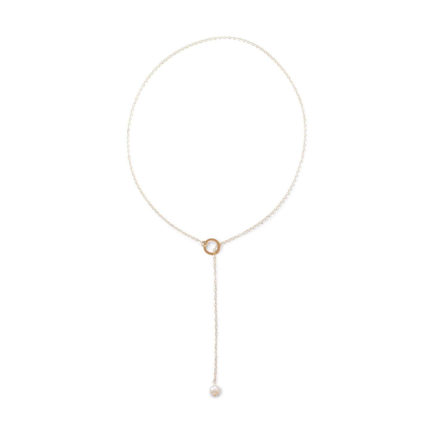 14 Karat Gold Lariat Necklace with Cultured Freshwater Pearl End - Joyeria Lady