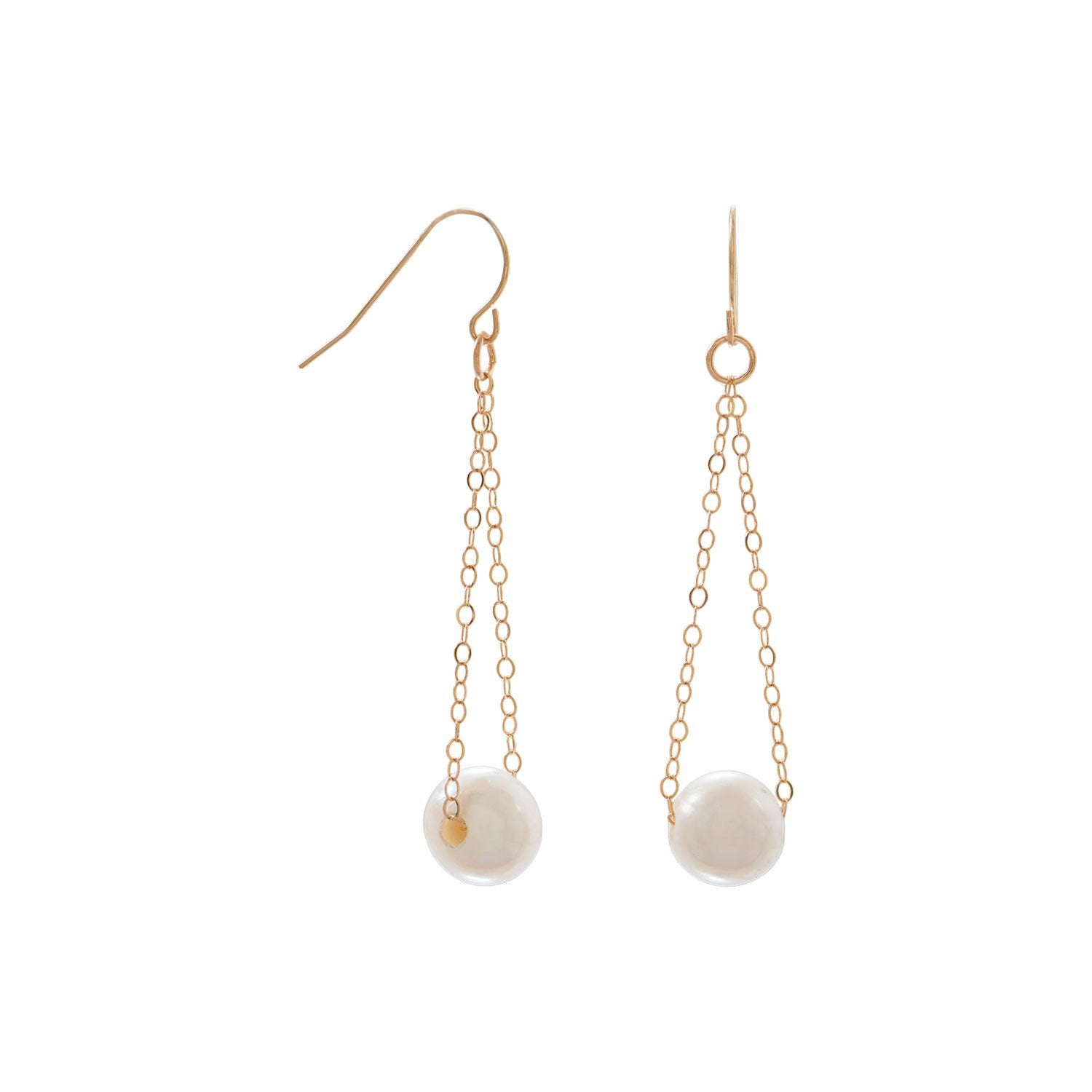 14 Karat Gold French Wire Earrings with Floating Cultured Freshwater Pearl - Joyeria Lady