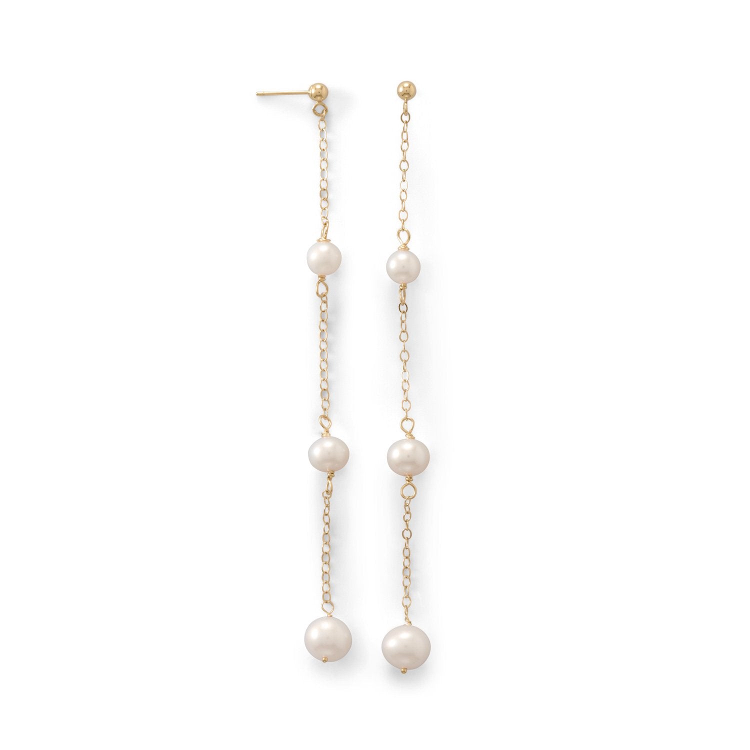 14 Karat Gold Post Earrings with Three Cultured Freshwater Pearl Drop - Joyeria Lady