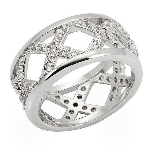 0W266 Rhodium Brass Ring with AAA Grade CZ in Clear - Joyeria Lady