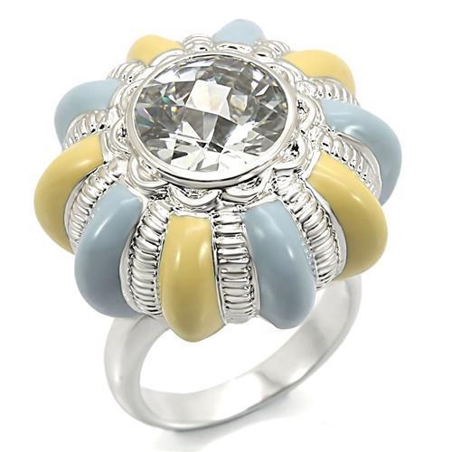 0W308 Rhodium Brass Ring with AAA Grade CZ in Clear - Joyeria Lady
