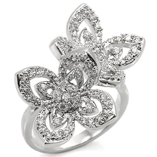 0W336 Rhodium Brass Ring with AAA Grade CZ in Clear - Joyeria Lady