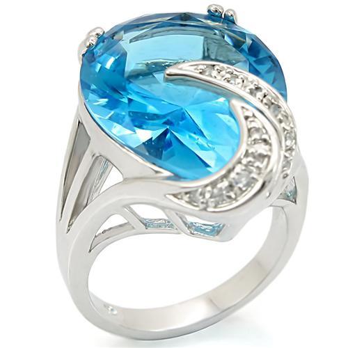 0W343 Rhodium Brass Ring with Synthetic in Sea Blue - Joyeria Lady