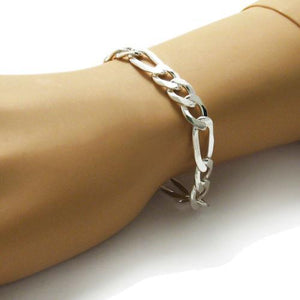 Luxurious Sterling Silver Figaro Chain Bracelet in 10mm (Gauge 300) width. Available in 8" and 9" Lengths.