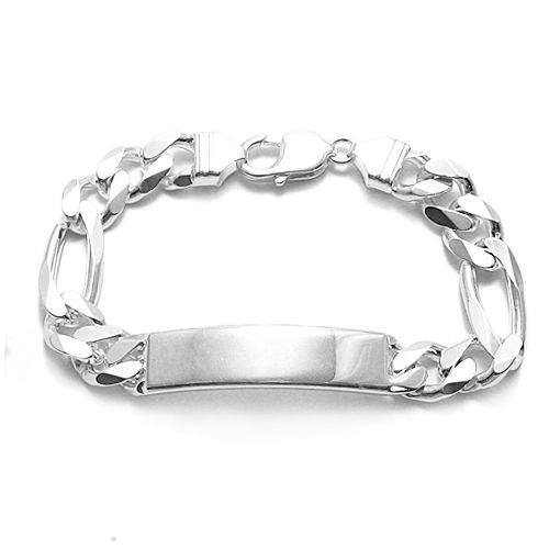 Handsome 11mm (300 Gauge) Sterling Silver Figaro Chain ID Bracelet with Engravable Plate. Available in 8" and 9" Lengths. - Joyeria Lady
