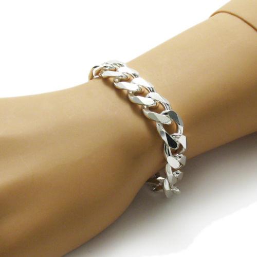 Exquisite Sterling Silver FLAT Cuban Link Chain Bracelet in 14mm (Gauge 350) width. Available in 8" and 9" Lengths. - Joyeria Lady