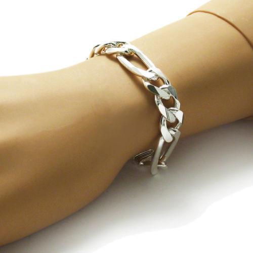 Exquisite Sterling Silver Figaro Chain Bracelet in 13mm (Gauge 350) width. Available in 8" and 9" Lengths. - Joyeria Lady