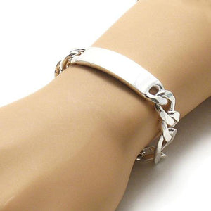 Gorgeous 13mm (350 Gauge) Sterling Silver Figaro Chain ID Bracelet with Engravable Plate. Available in 8" and 9" Lengths.