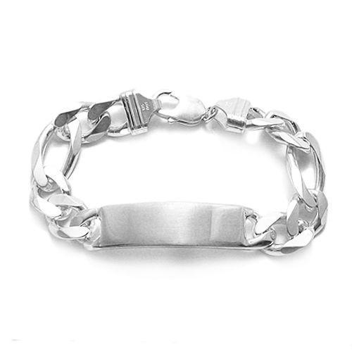 Gorgeous 13mm (350 Gauge) Sterling Silver Figaro Chain ID Bracelet with Engravable Plate. Available in 8" and 9" Lengths. - Joyeria Lady