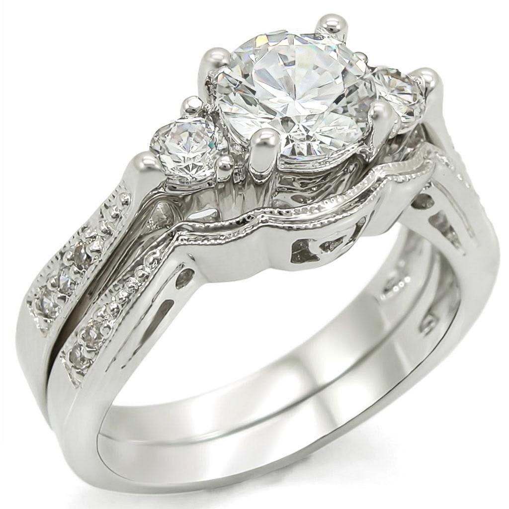 1W002 Rhodium Brass Ring with AAA Grade CZ in Clear - Joyeria Lady