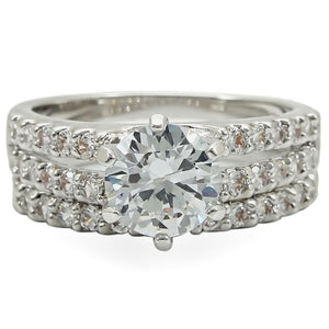 1W009 Rhodium Brass Ring with AAA Grade CZ in Clear