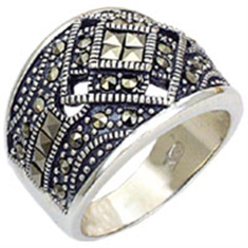 20114 - Antique Tone 925 Sterling Silver Ring with Semi-Precious Jade in Jet - Joyeria Lady