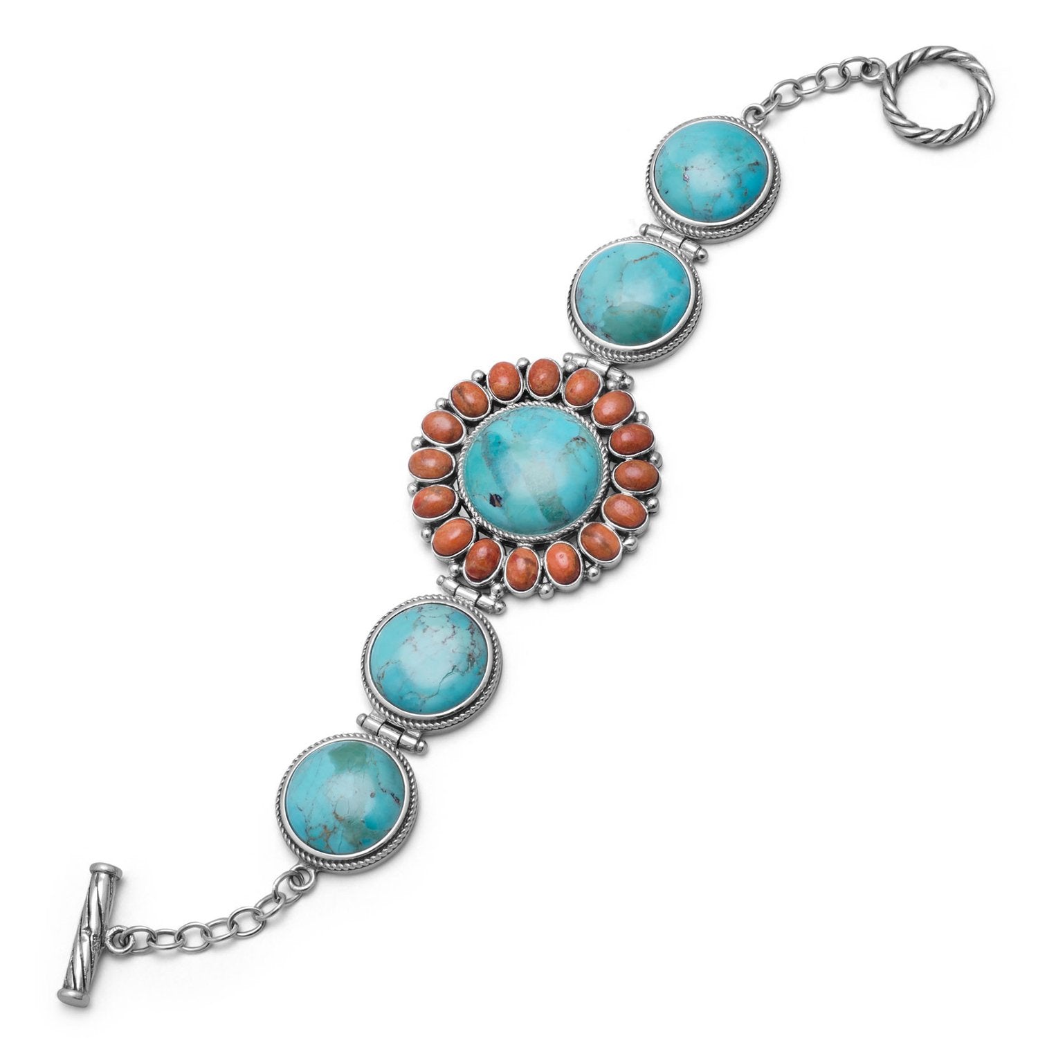 7.5" Reconstituted Turquoise and Coral Sunburst Toggle Bracelet - Joyeria Lady