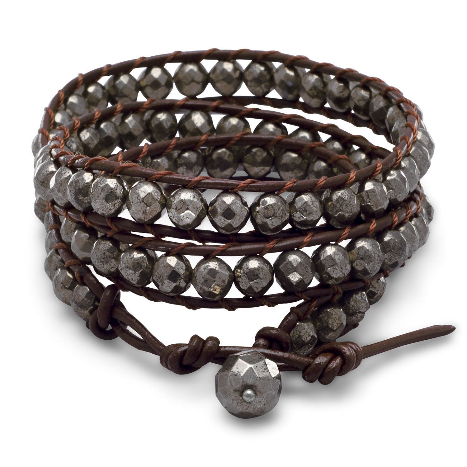 21" + 1" Leather and Pyrite Wrap Fashion Bracelet - Joyeria Lady